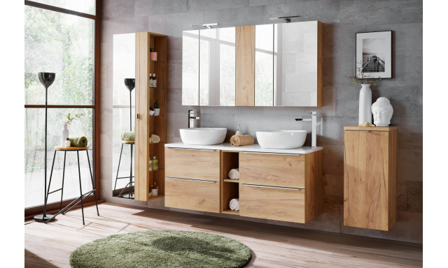 Fürdőszoba bútor Kareta B összetétel, tölgy + mosdó + tükör