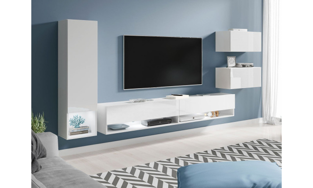 Modern nappali fal Amenity fehér / fehér fényű + LED háttérvilágítás