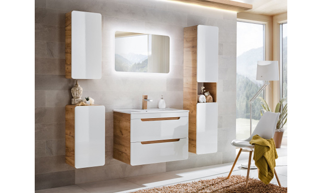 Fürdőszoba bútor Atako felállás A craft / fehér fényes + mosdókagyló + tükör