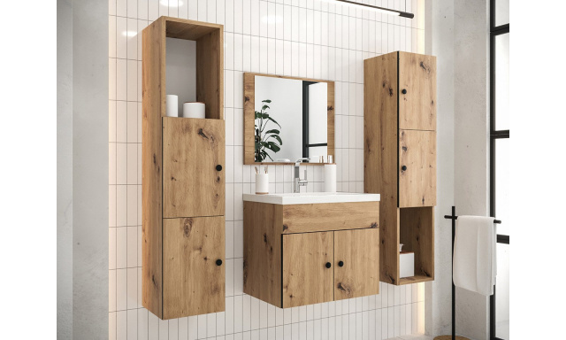 Fürdőszoba bútor Kresto, tölgy Kézműves + mosdó + tükör