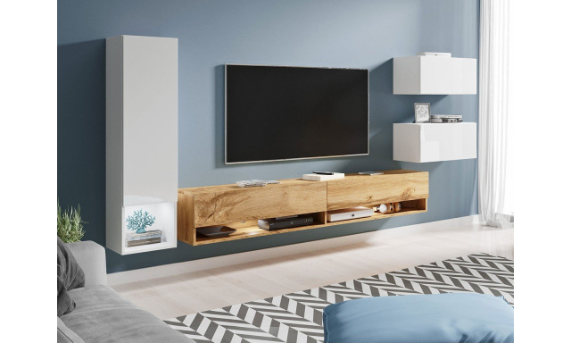 Modern nappali fal Amenity fehér / fehér fényes / wotan + LED háttérvilágítás