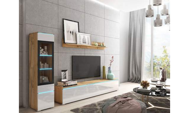 Modern nappali fal Vafo, wotan / fehér fényű + LED háttérvilágítás