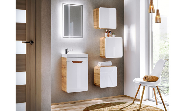Fürdőszoba bútor Atako felállás B craft / fehér fényes + mosdókagyló + tükör