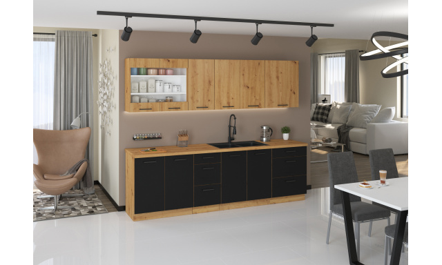 Modern konyhai szekrény Madrid 260cm, artisan / fekete matt
