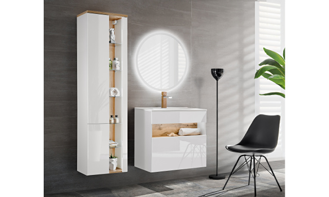 Fürdőszoba bútor Barguil felállás A, wotan / fehér fényű + mosdó + tükör LED